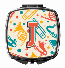 Monogram Letter Compact Mirror (Color: Retro Teal Orange Musical Instruments Initial, size: 2.75 x 3)