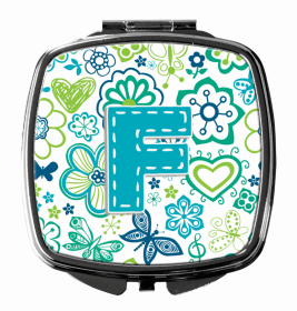 Monogram Letter Compact Mirror (Color: Flowers and Butterflies Teal Blue, size: 2.75 x 3)