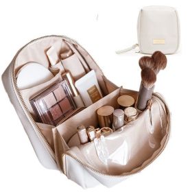 BAGMIND Elegant PU Portable Puffer Cosmetic Bag for Women,PU Bag with Compartments Large Capacity Travel Makeup Bag for Purse (Color: Beige)